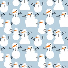 Winter seamless print with snowman and snowflakes for Christmas wrapping paper and fabrics and kids 