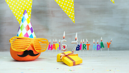 Happy birthday card with number   67. Copy space, beautiful birthday greeting character with...