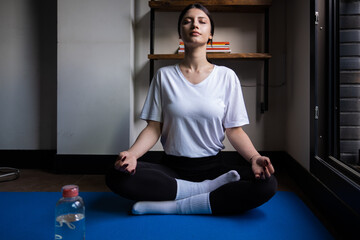 woman doing yoga and stretching at modern home, home sports