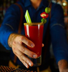Bartender prepares a red signature cocktail and offers it to his clients, bloody Mary cocktail, concept enjoy the night © Click Estudio