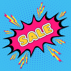 SALE sticker-banner in POP-ART style, in blue-pink-yellow colors with pink and yellow lightning.