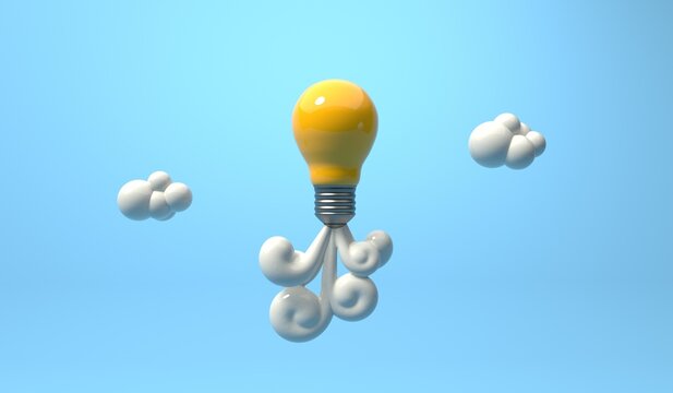 Light bulb flying to the sky like a rocket - 3D render