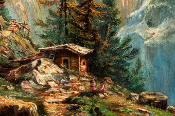 Fototapeta na wymiar Close-up of majestic Mountain Landscape with Log Cabins Vintage Oil Painting