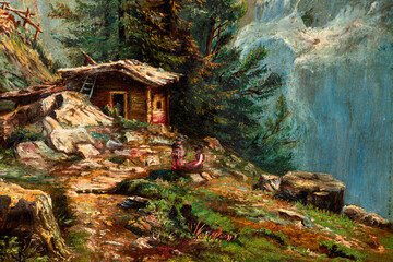 Close-up of majestic Mountain Landscape with Log Cabins Vintage Oil Painting