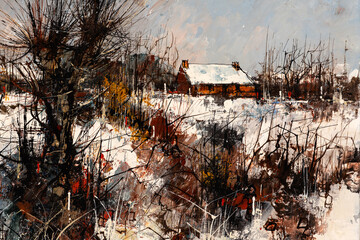 Oil painting close-up of a rural landscape in winter. Christmas Holiday concept.