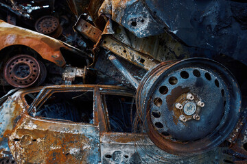 Charred remains of vehicles after military attack in Irpin