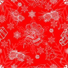 white New Year's seamless pattern on a red background, texture, wrapping