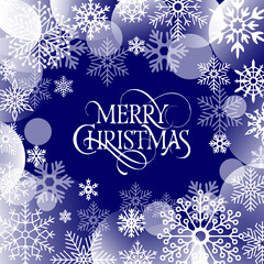 merry christmas greeting card, text and snowflakes on blue background, design