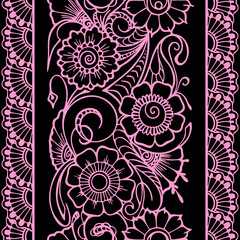 seamless repeat oriental border, contour pink floral pattern on black background, texture, frame