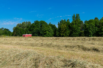 Red booth at the edge of the field with fresh cut hay.