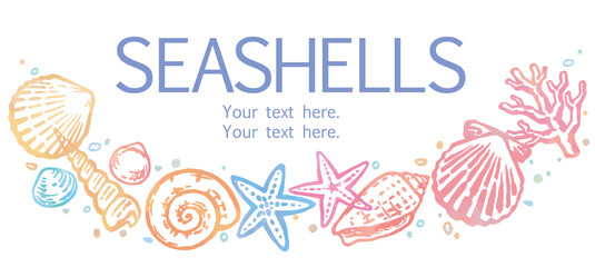 海の貝、ヒトデ、サンゴのフレーム。水彩画風、ベクターイラスト素材。