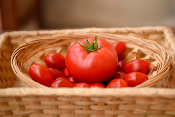 Fresh tomatoes in a wicker plate on a wooden background. Collection of tomatoes. View from above