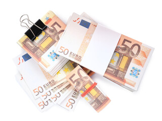 50 Euro banknotes on white background, top view. Money exchange
