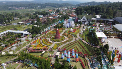 Top view of beautiful flower garden in the middle of the city