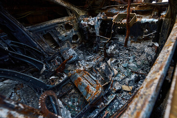 Car interior completely demolished by Russian artillery