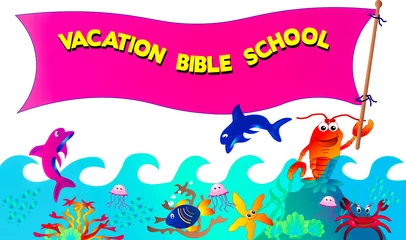 Fotobehang Fun graphic Vacation Bible School Banner full of sea life critters and a large crab holding onto a banner read to advertise VBS. © MightyBlue