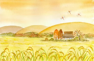 Gordijnen 秋の田園風景　水彩画 © miko