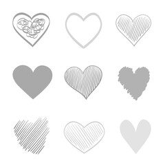 Hand drawn hearts on isolated white background. Set of love signs. Unique illustration for design. Line art creation. Black and white illustration. Elements for design