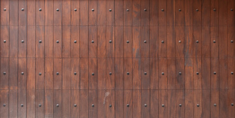 panoramic texture of a mistreated varnished wood wooden fence surface with metal rivets pattern