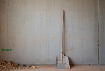 A gray concrete wall at a construction site. A shovel is leaning against the wall. The wall is...