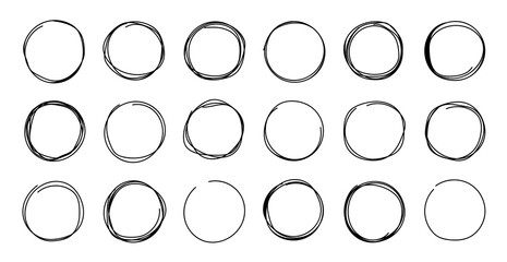 Hand drawn circle line sketch set. Hand drawn round frame vector set isolated on white background. Circular scribble doodle circles for message note mark design element. Pencil or pen graffiti bubble