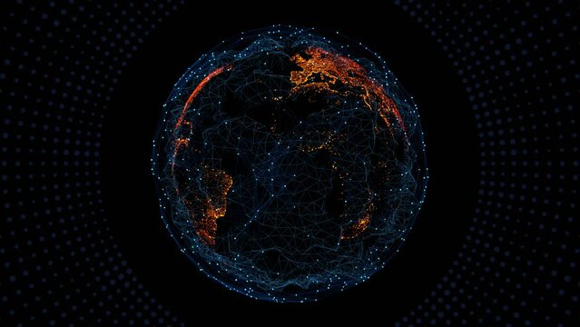 Tech earth globalization in 3d animation. Global Business dots on rotating planet.