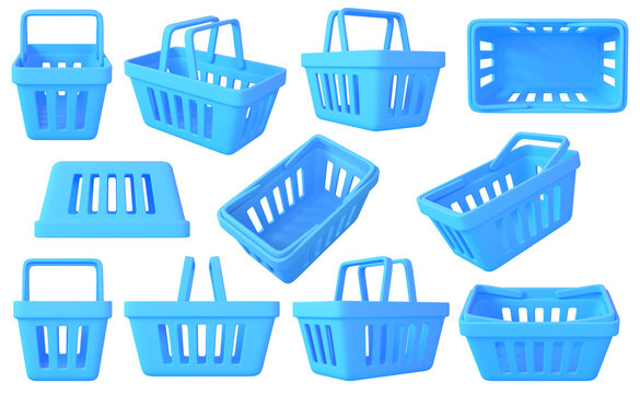 Realistic blue shopping basket set in different positions. Elements for supermarket design. 3D rendered image.