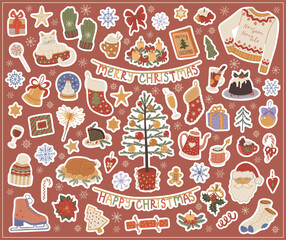 Set  hand drawn vector isolated stickers of Christmas. Decoration for Christmas. Christmas food and drinks. Winter clothes.  Color image on a white background. The print is used for packaging design.