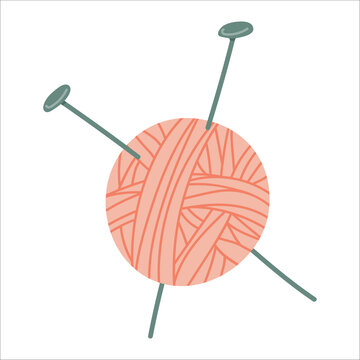 Vector isolated element. A ball of thread and knitting needles. Yarn. Handmade work. Knitting. Color image on a white background. The print is used for packaging design.