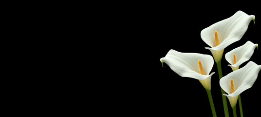 DEEPEST SYMPATHY CARD WITH CALLA FLOWERS ON BLACK BACKGROUND. ALL SOULS DAY. MEMORIAL AND CONDOLENCES ON DECEASES. COPY SPACE.