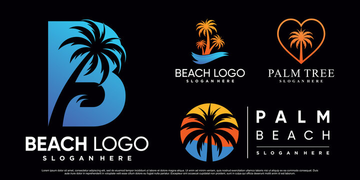 Set collection of beach logo design inspiration with palm tree and creative element Premium Vector