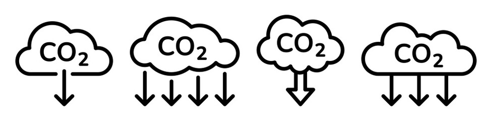 Cloud co2 symbol with down arrow vector outline icon set. Reduce carbon dioxide sign concept illustration.