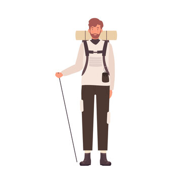 Male tourist with travel backpack. Equipped hiker with hiking sticks vector illustration