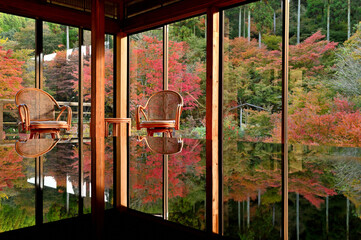 環境芸術の森の机に反射する紅葉
