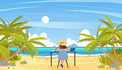 Fototapeta na wymiar Stress relief and zen meditation of businesswoman on summer sea beach vector illustration. Cartoon young woman in hat sitting with laptop at office desk among palm trees background. Freelance concept