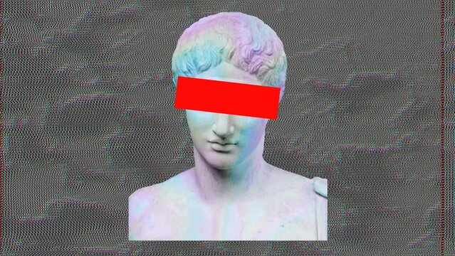Retro glitch effect collage of a statue in holographic colors with a red rectangle on the eyes and on a background of analog television failure, then separate elements on a green background, vaporwave