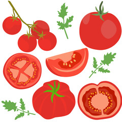 set of red tomatoes and slices.