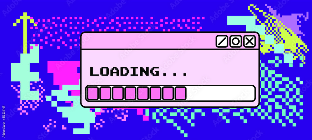 Poster trendy vaporwave background with pixel art chaotic composition. concept of a glitchy computer screen