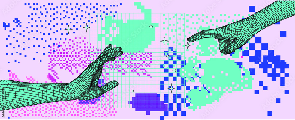 Poster Trendy vaporwave background with pixel art chaotic composition. Concept of a glitchy computer screen.