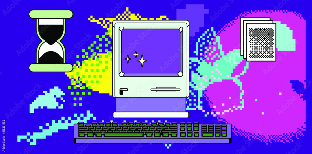 Poster Collage art with an old retro computer and glitched pixelated shapes. Webkitsch and webpunk style vector illustration.