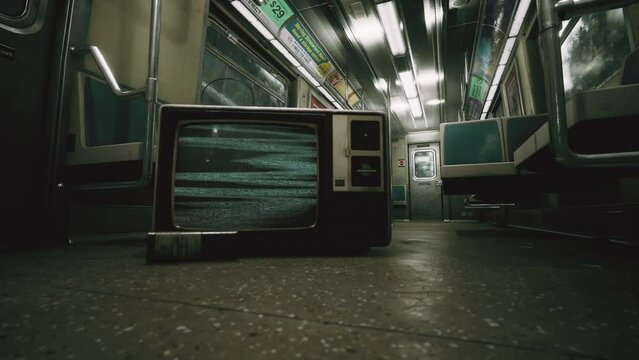 Subway Train Interior with an Old Television Set Turning On Green Screen. 4K Resolution.