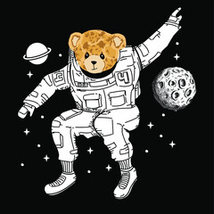 VECTOR ILLUSTRATION COOL TEDDY BEAR BE THE ASTRONAUT IN THE SPACE
