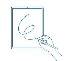 タッチペンを持った手とタブレット端末のイラスト 線画 線を描く  縦