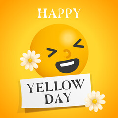 happy yellow day text on white paper and emoji with daisy kawaii doodle flat vector illustration