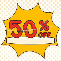 fifty percent off sale on white pedestal pop art style kawaii doodle flat vector illustration