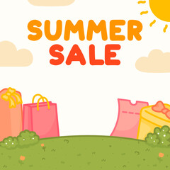 summer sale sunshine and gift box on meadow kawaii doodle cartoon vector