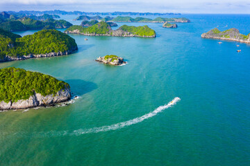 Lan Ha Bay in Cat Ba archipelago is beautiful when viewed from a drone with many different large...