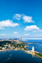 Aerial photography of Qingdao city coastline architectural landscape
