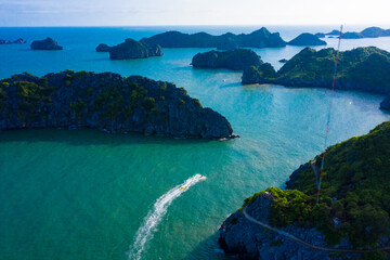 Lan Ha Bay in Cat Ba archipelago is beautiful when viewed from a drone with many different large and small islands, with many surfing motorbikes running back and forth for those who like thrilling gam