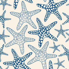 Pastel background of abstract blue starfish and coral. Vector illustration. Surface design perfect for textile, vacation themed fabric, beachwear, stationery, wallpaper, packaging, home and garden